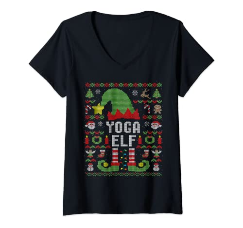 Damen Yoga Elf Ugly Christmas Weihnachten Partnerlook T-Shirt mit V-Ausschnitt von Ugly Christmas Elfen Partnerlook Weihnachtsoutfits