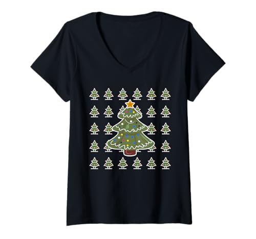 Damen Weihnachten Tshirt Christmas Tree Weihnachtsmann T-Shirt mit V-Ausschnitt von Ugly Christmas Geschenk Kleidung Xmas Weihnachten
