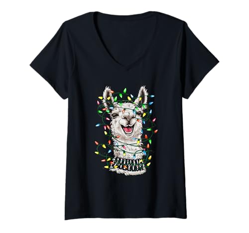 Damen Weihnachten Tshirt Christmas Weihnachtsmann Alpaka Lama T-Shirt mit V-Ausschnitt von Ugly Christmas Geschenk Kleidung Xmas Weihnachten