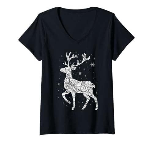 Damen Weihnachten Tshirt Christmas Weihnachtsmann Rentier T-Shirt mit V-Ausschnitt von Ugly Christmas Geschenk Kleidung Xmas Weihnachten