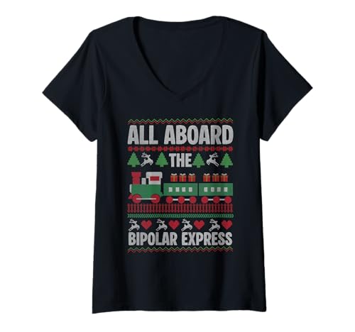 Damen Alle an Bord des Bipolar Express Hässliche Weihnachten Lustig T-Shirt mit V-Ausschnitt von Ugly Christmas Ornament Supply For December Gift