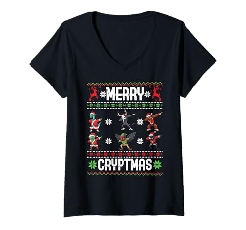 Damen Frohe Kryptmas Dabbing Cryptid Monsters Gruseliges hässliches Weihnachten T-Shirt mit V-Ausschnitt von Ugly Christmas Ornament Supply For December Gift
