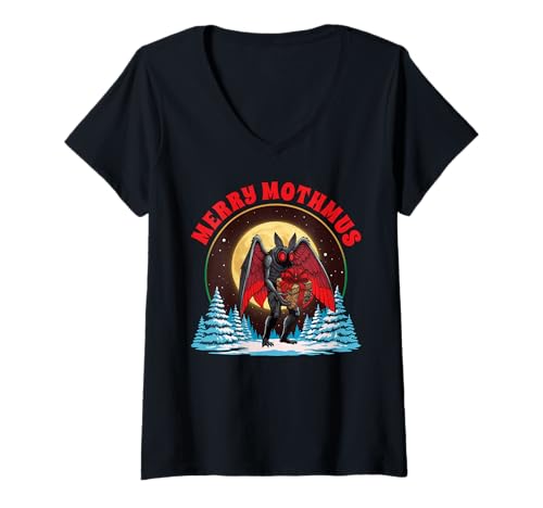 Damen Frohe Mothmas Cryptid Feiertag Weihnachten Hässliche Weihnachten T-Shirt mit V-Ausschnitt von Ugly Christmas Ornament Supply For December Gift