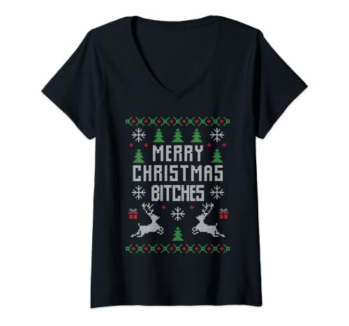 Damen Merry Christmas Bitches Witzig Rentier Ugly Christmas Lustig T-Shirt mit V-Ausschnitt von Ugly Christmas Santa's Weihnachtsgeschenke