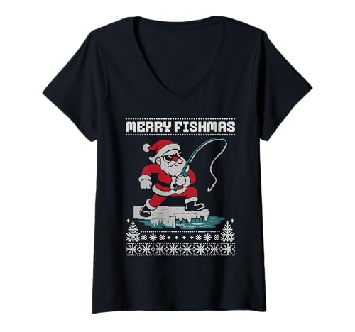 Damen Angeln hässlicher Pullover, Merry Fishmas, Weihnachtsangler T-Shirt mit V-Ausschnitt von Ugly Fishing Sweater