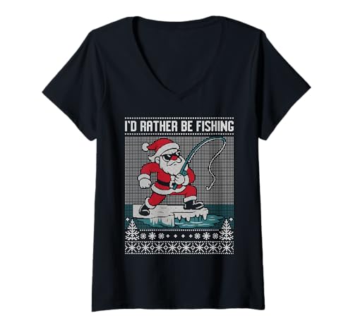 Damen Ich würde Lieber einen hässlichen Pullover fischen, Fischer, Weihnachtsmann T-Shirt mit V-Ausschnitt Damen Ich würde Lieber einen hässlichen Pullover fischen, Fischer, Weihnachtsmann T-Shirt mit V-Ausschnitt von Ugly Fishing Sweater