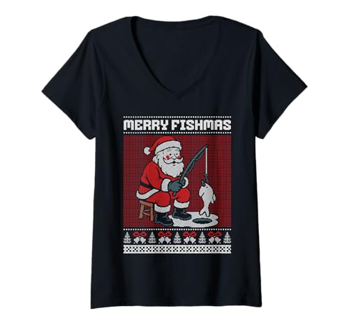 Damen Merry Fishmas, Santa Fishing Hässlicher Weihnachtspullover T-Shirt mit V-Ausschnitt von Ugly Fishing Sweater
