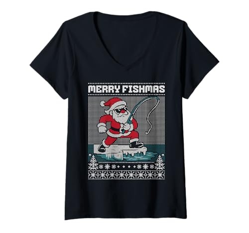 Damen Merry Fishmas, Weihnachtsmann fischt hässlicher Weihnachtspullover T-Shirt mit V-Ausschnitt von Ugly Fishing Sweater