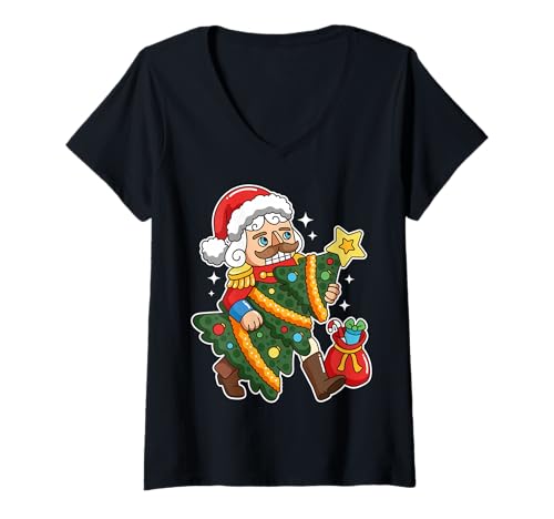 Damen Nussknacker Weihnachtsbaum Lustig Festlich Urlaub Ballett Tanz T-Shirt mit V-Ausschnitt von Ugly Sweater Alternatives Co.
