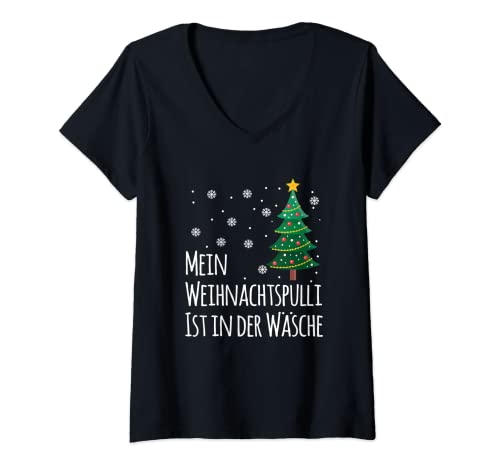 Damen Mein Weihnachtspulli ist in der Wäsche Shirt Ugly Weihnacht T-Shirt mit V-Ausschnitt von Ugly X-Mas Sweater - Lustiges Weihnachtsmotiv