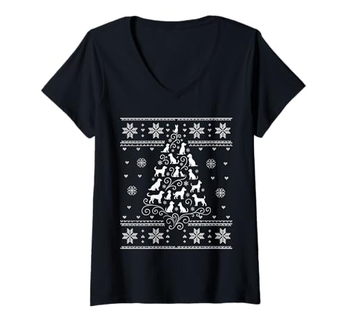 Damen Weihnachtspullover mit Hunde-Silhouetten, niedliches Weihnachtsmotiv T-Shirt mit V-Ausschnitt von Ugly XMAS Holidays Christmas Tree Dogs Design