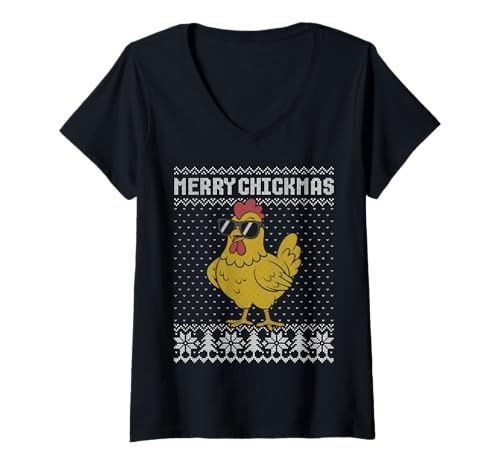 Damen Frohe Hühner, Weihnachts-Wortspiel mit Hühnchen, hässlicher Hühnerpullover T-Shirt mit V-Ausschnitt von Ugly chicken Christmas sweater