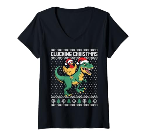 Damen Clucking Christmas Chicken Pun, Huhn reitender Dinosaurier T-Shirt mit V-Ausschnitt von Ugly chicken christmas sweater