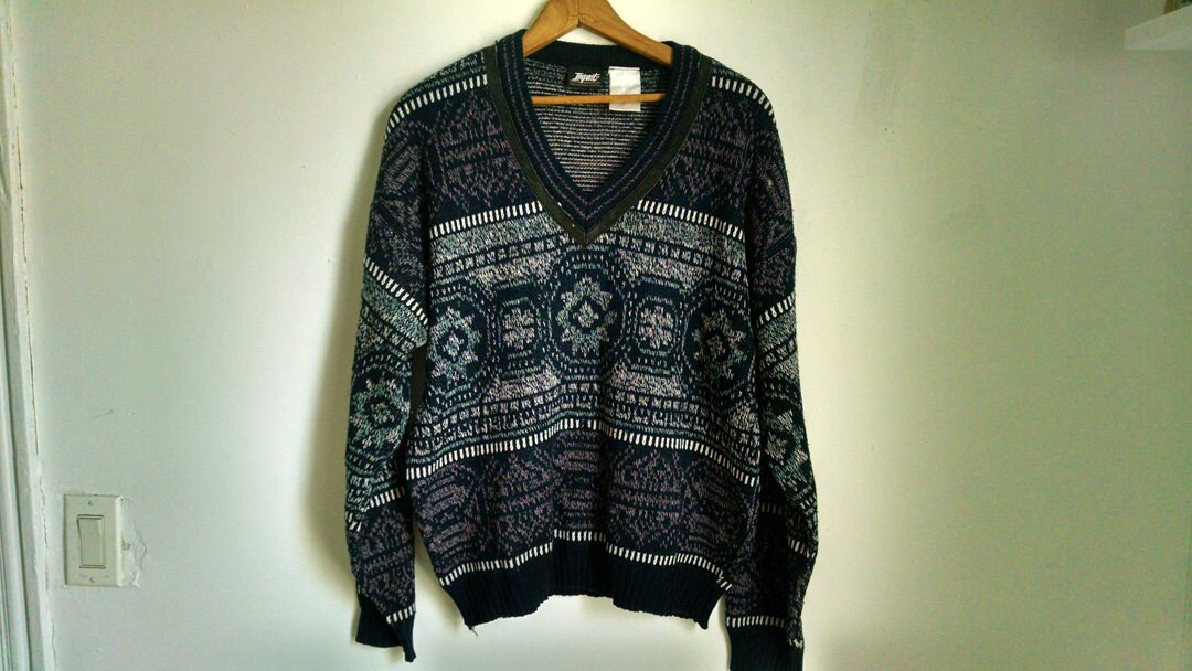 1980S Impact V Neck Pattered Pullover Mit Lederdetails von UglyCousin