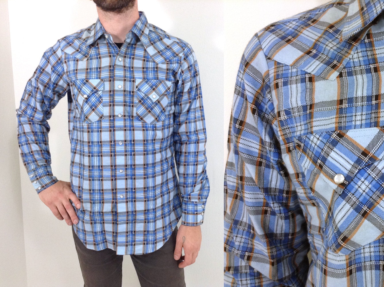 Vintage Blau Kariertes Western-Western Flanellhemd von UglyCousin