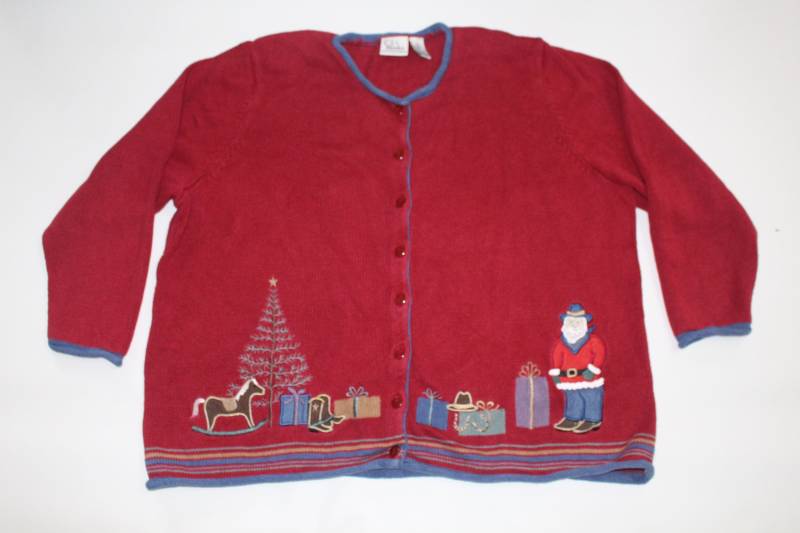 Cowboy Santa 2 X Großer Vintage Hässlicher Weihnachtspullover Rot #180 von UglySweaterStoreUS