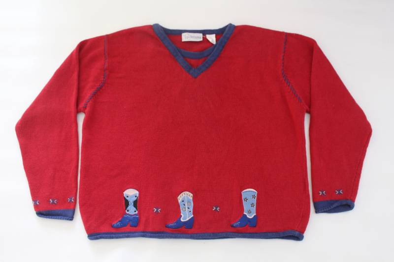 Cowboy-stiefel 2 X Large Vintage Ugly Christmas Pullover Rot #284 von UglySweaterStoreUS