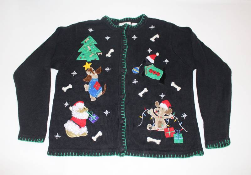Hunde Großer Vintage Hässlicher Weihnachtspullover Schwarz #259 von UglySweaterStoreUS