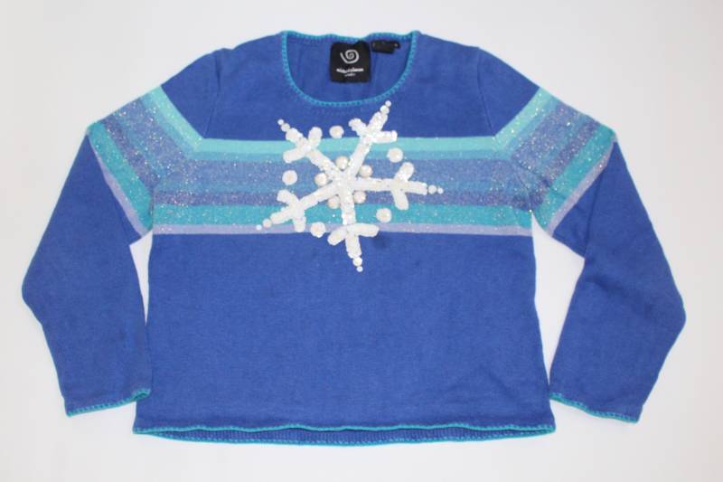 Michael Simon Medium Vintage Ugly Weihnachtspullover Blau Mit Weißer Schneeflocke #5 von UglySweaterStoreUS