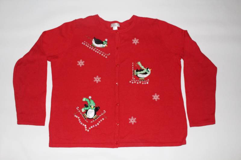 Pinguine Ski X Großer Vintage Ugly Weihnachtspullover Rot #356 von UglySweaterStoreUS