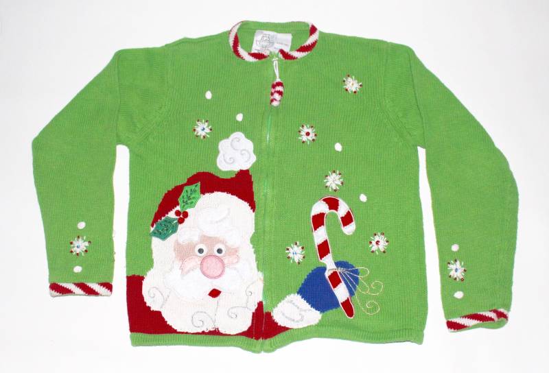 Santa Large 12/14 Kinder Vintage Hässlicher Weihnachtspullover Grün # 263 von UglySweaterStoreUS
