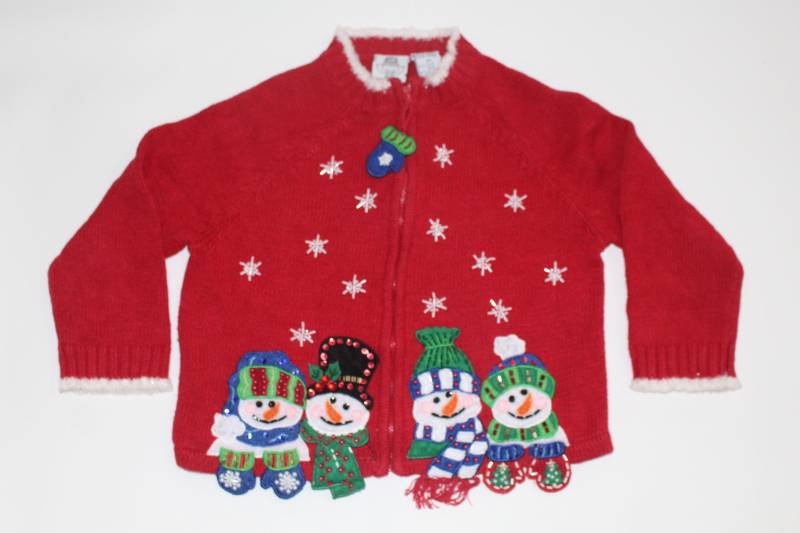 Schneemänner Klein /7 Kinder Vintage Hässlicher Weihnachtspullover Rot # 265 von UglySweaterStoreUS
