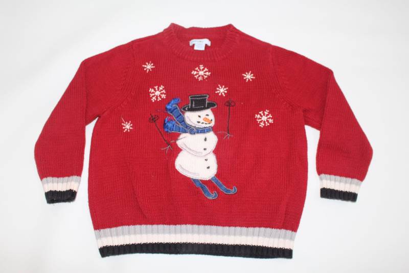 Schneemann Ski Fahren 3/3T Gr. Kinder Vintage Hässlicher Weihnachtspullover Rot # 309 von UglySweaterStoreUS