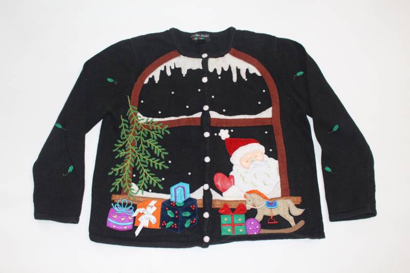 Weihnachtsmann Im Fenster Großer Vintage Hässlicher Weihnachtspullover Schwarz #199 von UglySweaterStoreUS