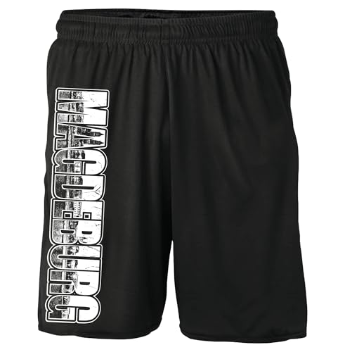 UGLYSHIRT Vintage Skyline Magdeburg Shorts | Kurze Hose Sweatshorts Fanartikel City Stadt Fussball Retro Vintage | Schwarz (XL) von UGLYSHIRT