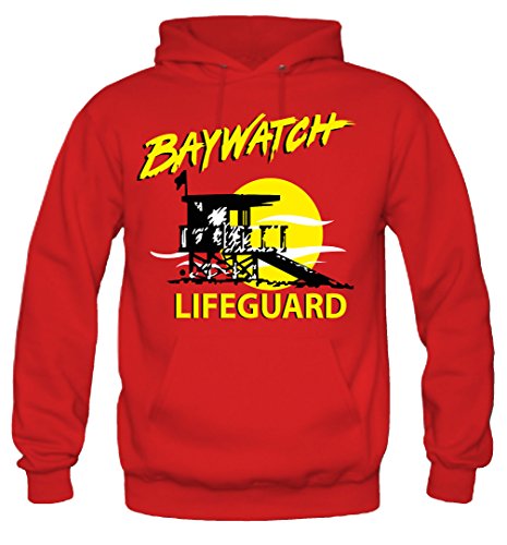 Uglyshirt87 Baywatch Männer und Herren Kapuzenpullover | David Hasselhoff Malibu Lifeguard Fun (L, Rot) von Uglyshirt87