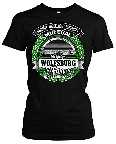 EIN Leben lang Wolfsburg Damen Girlie T-Shirt | Stadt - Wolfsburg Skyline - Fussball - Sport - Wolfsburg Shirt - Ultras | Schwarz (XXL) von Uglyshirt87