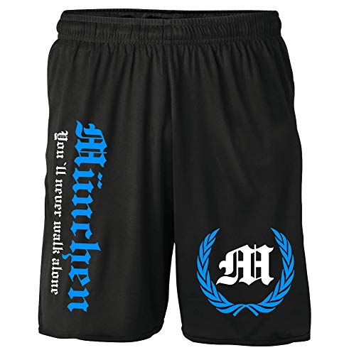 München Kranz Shorts | Fussball Sport Sommer Ultras Kurze Hose Sporthose (XL, Schwarz Kranz M2 Druck Blau) von Uglyshirt87