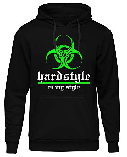 Hardstyle is My Style Männer und Herren Kapuzenpullover | Hardcore Musik Minimal Geschenk | M3 (Schwarz-Druck Neongrün, XL) von Uglyshirt89