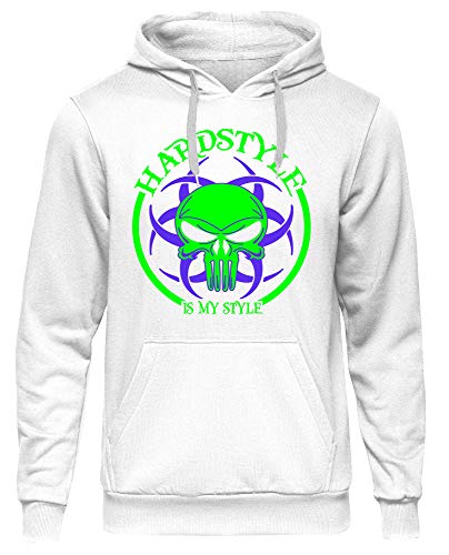 Hardstyle is My Style Männer und Herren Kapuzenpullover | Hardcore Musik Minimal Geschenk | M5 (Weiß-Druck Neongrün, XL) von Uglyshirt89