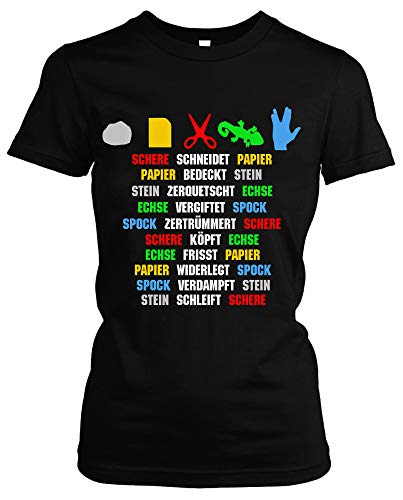 Stein, Papier, Schere, Echse, Spock Damen Girlie T-Shirt | Spiel Sheldon Fun | M1 (XL, Druck: Bunt) von Uglyshirt89