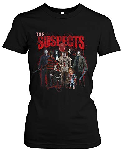 The Suspects Damen Girlie T-Shirt | Horror Shirt Damen - Jason Voorhees Tshirt - Halloween Shirt Damen - Es Tshirt Pennywise - Michael Myers Tshirt Damen (S) von Uglyshirt89