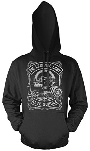 Uglyshirt89 Alte Schule Simson Männer und Herren Kapuzenpullover | Verschiedene Modelle S50 S51 Schwalbe Star Duo Habicht DDR (M, Schwarz Druck: Schwalbe) von Uglyshirt89