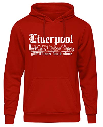 Uglyshirt89 Liverpool Skyline Männer Herren Kapuzenpullover | Stadt Sport Fussball Trikot Ultras | M2 (L, Rot) von Uglyshirt89