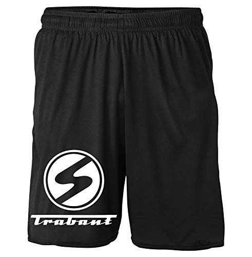 Uglyshirt89 Trabant Shorts | Kurze Hose mit Trabant 600 601 Kübel Logo & DDR Ostkult Motiv – Fanartikel für Oldtimer Liebhaber | M1 Schwarz (XL) von Uglyshirt89