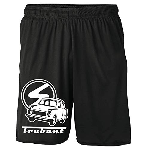 Uglyshirt89 Trabant Shorts | Kurze Hose mit Trabant 600 601 Kübel Motiv & Logo – DDR Ostkult Fanartikel für Oldtimer Liebhaber | M2 Schwarz (M) von Uglyshirt89