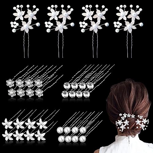 36 Stück Hochzeit Haarnadeln, Brauthaarnadeln U-förmige Diamant-Haarnadeln Kristallblumen-Form-Haarnadel, Perlen Haarnadeln mit Perlen Blume Für Frauen, Mädchen, Hochzeit, Ball(5 Stile) von Uheltosly