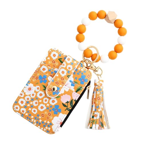 Uhngw Ästhetische Geldbörsen für Damen,Blumen-Kartenhalter-Geldbörse - Kleine Geldbörse aus Kunstleder mit Blumenmuster | Kleine Handgelenk-Geldbörse aus Kunstleder, Silikonperlen, Armband, von Uhngw