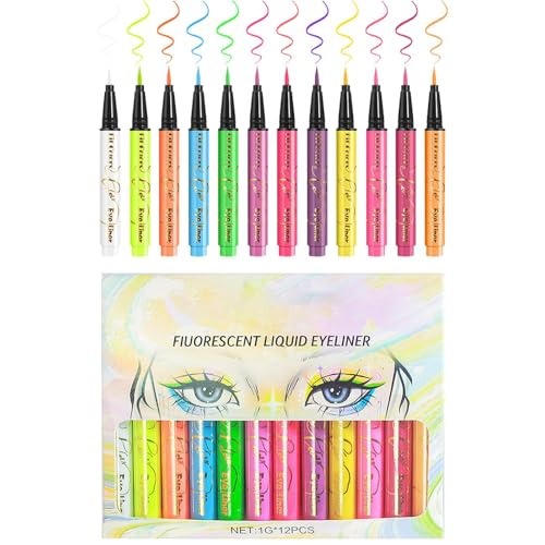 Uhngw Farbiger Eyeliner,Neon Eyeliner - Wasserfester, fluoreszierender, matter Gesichtsglitzer - 12 Stück UV-neonpigmentierte Grafik-Liner, Gesichts- und Körperbemalungs-Liner, Festival-Make-up-Set von Uhngw