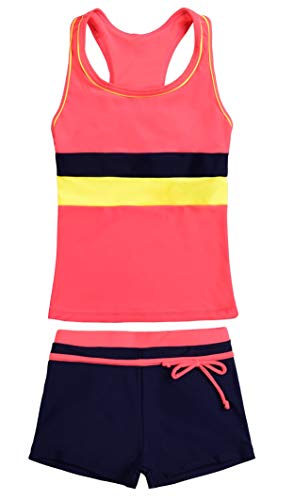 Uhnice Mädchen-Badeanzug, zweiteilig, Tankini, Badebekleidung mit Boyshorts, Orange/Abendrot im Zickzackmuster (Sunset Chevron), 12-13 Jahre von Uhnice