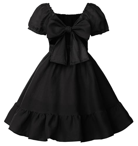 Uhnice Mädchen Sommer Freizeitkleid Schleife Rücken Kleider Schulterfrei Geraffter Saum, Schwarz, 8-9 Jahre von Uhnice