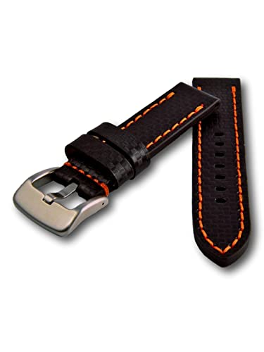 Uhren Pevak® Leder Uhrenarmband Carbon Optik Schwarz mit Orangene Naht 22mm Uhr Armband Uhrband Ersatzband von Uhren Pevak