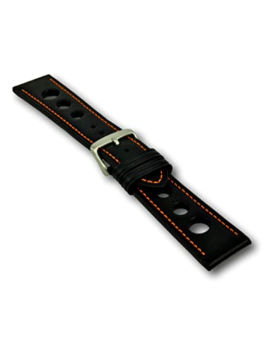 Uhren Pevak® Leder Uhrenarmband Grand Prix Rallye Schwarz mit Orangener Naht 20mm Uhr Armband Uhrband Ersatzband von Uhren Pevak