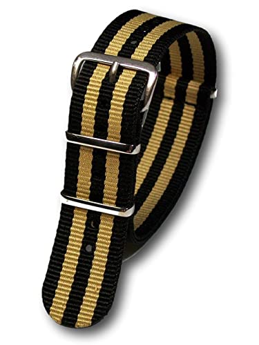 Uhren Pevak® Nylon Uhrenarmband Schwarz-Beige 18mm mit Dornschließe Wasserfest Militär Uhrband Textil Uhr Armband von Uhren Pevak