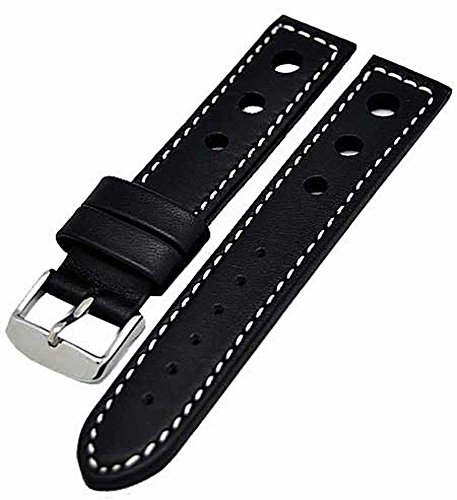 Uhrenarmband 3-Loch 20mm schwarz mit weisser Naht Kalbleder 3973 von Uhrenhuette