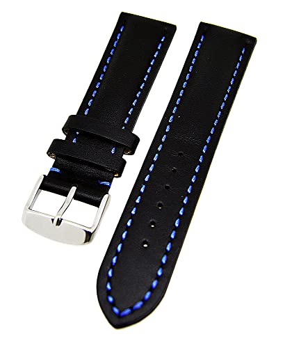 Uhrenarmband Glattleder gepolstert Farben und Stegbreiten wählbar (Schwarz mit blauer Naht, 24mm) von Uhrenhuette